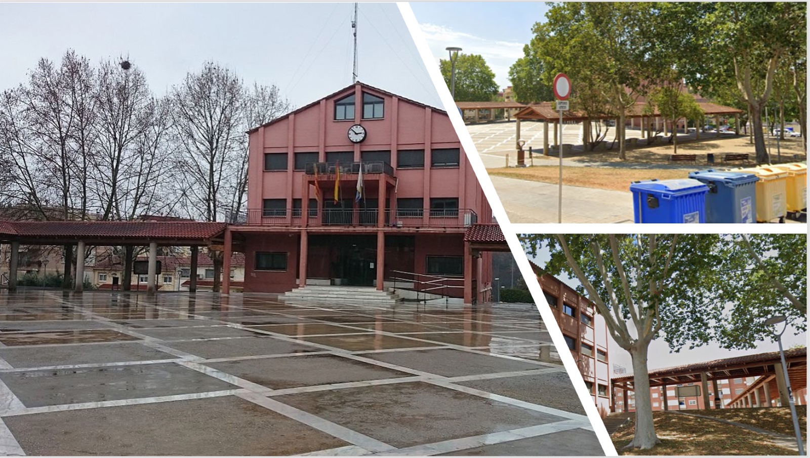 Collage of three photographs. First photograph: public building: town hall of Polynya, Catalonia, painted red, with a clock on its facade, accessible via a ramp with railings on each side as well as stairs. The facade features windows and is surrounded by a paved area withwhite lines. There are some trees can inthe background. Second photograph in the bottom left: shows a tree with green leaves in front of a similar red building, which is part of the same complex. Third photograph in the bottom right: shows a recycling container area in yellow and blue. There are green-leaved trees and a visible "no entry" traffic sign.