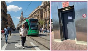 persona ciega andando de forma segura en la estacion de tranvia